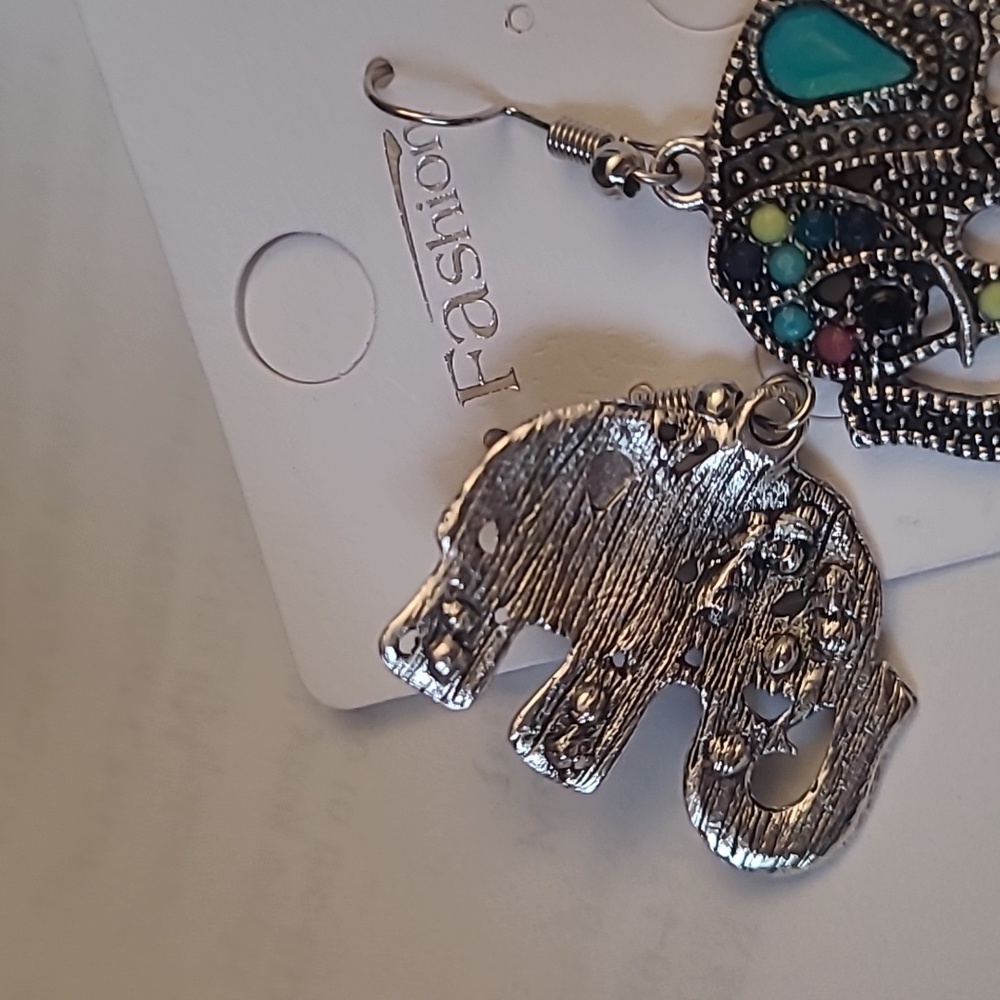 Elegant Silver and  Multicolor Dangle Elephant Earrings - Picture 6 of 6